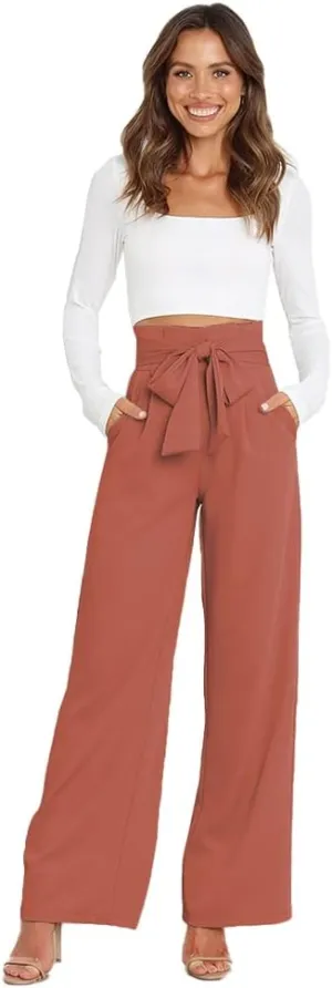 ABAFIP Women's High Waist Wide Leg Pants Business Work Office Casual Flared Palazzo Long Pants Belted Trousers