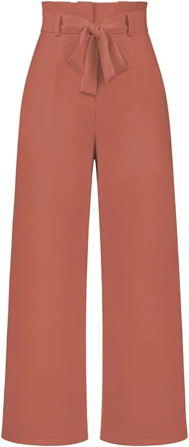 ABAFIP Women's High Waist Wide Leg Pants Business Work Office Casual Flared Palazzo Long Pants Belted Trousers