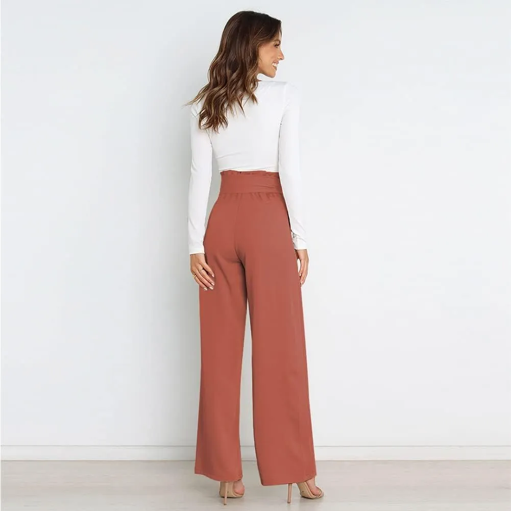 ABAFIP Women's High Waist Wide Leg Pants Business Work Office Casual Flared Palazzo Long Pants Belted Trousers