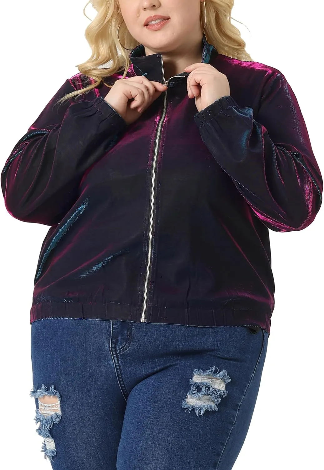Agnes Orinda Plus Size Jackets for Women Holographic Mesh Long Sleeve Zip Up Clubwear Party Jacket