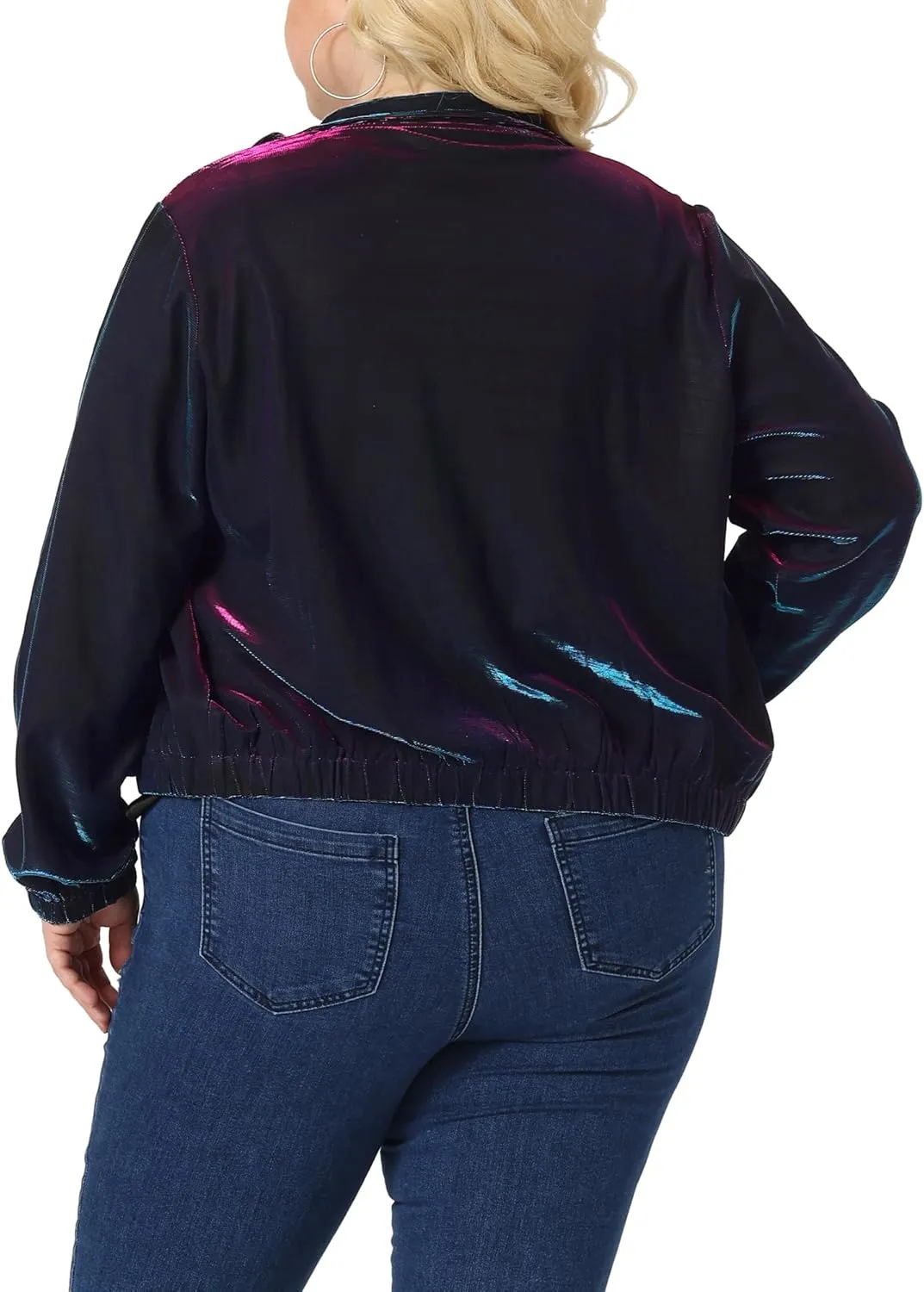 Agnes Orinda Plus Size Jackets for Women Holographic Mesh Long Sleeve Zip Up Clubwear Party Jacket