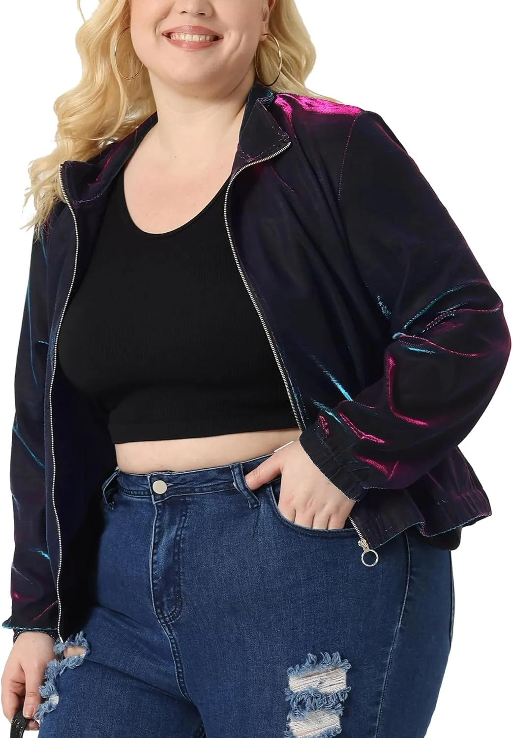 Agnes Orinda Plus Size Jackets for Women Holographic Mesh Long Sleeve Zip Up Clubwear Party Jacket