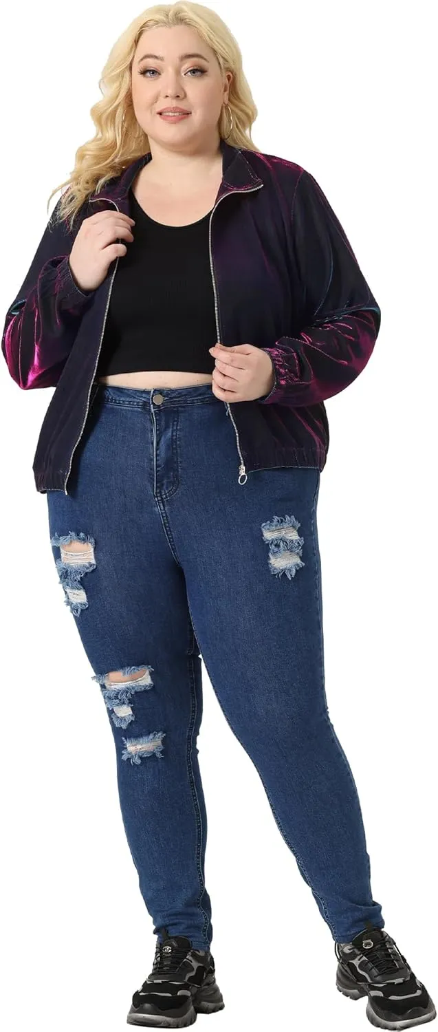 Agnes Orinda Plus Size Jackets for Women Holographic Mesh Long Sleeve Zip Up Clubwear Party Jacket