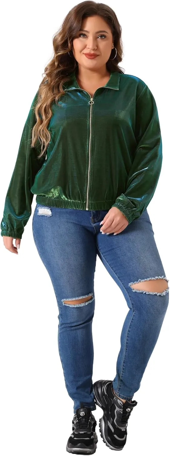 Agnes Orinda Plus Size Jackets for Women Holographic Mesh Long Sleeve Zip Up Clubwear Party Jacket