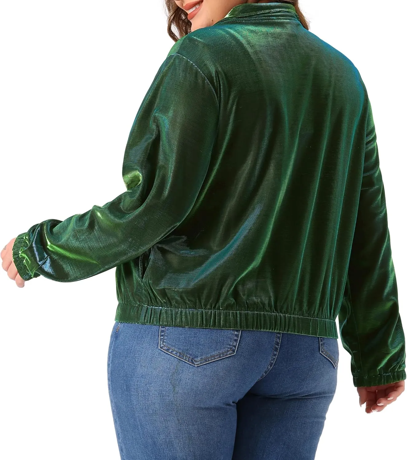 Agnes Orinda Plus Size Jackets for Women Holographic Mesh Long Sleeve Zip Up Clubwear Party Jacket