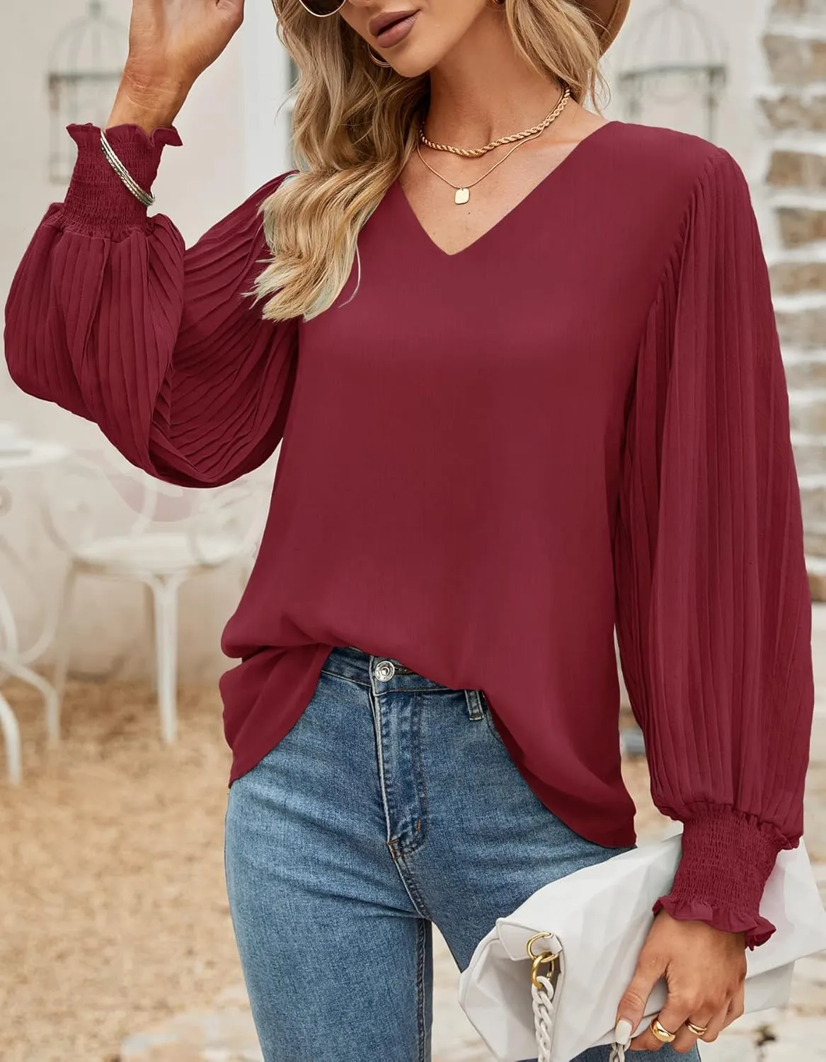 Aifer Womens V Neck Chiffon Blouses Pleated Lantern Sleeve Flowy Dressy Tops Elegant Business Casual Outfits