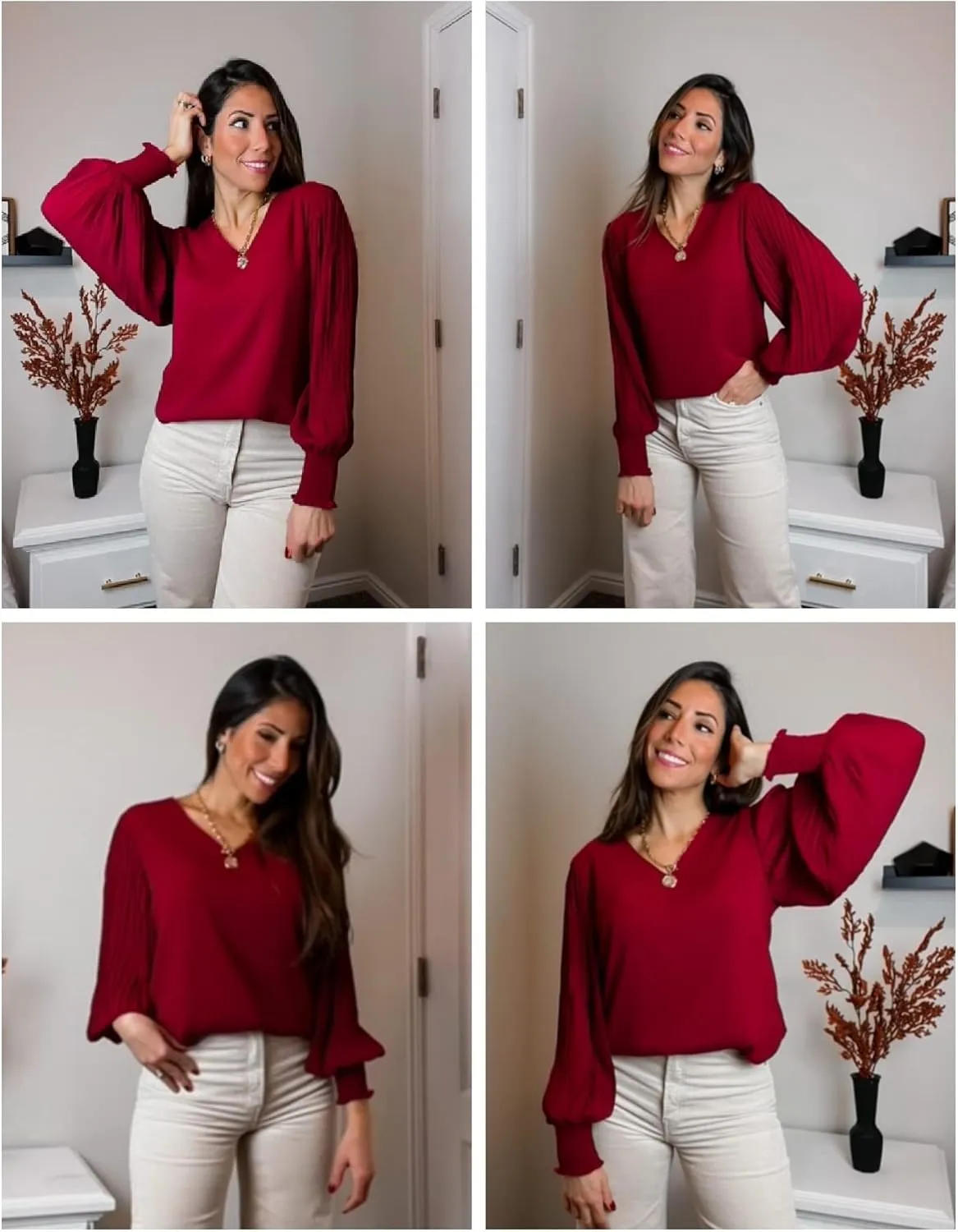 Aifer Womens V Neck Chiffon Blouses Pleated Lantern Sleeve Flowy Dressy Tops Elegant Business Casual Outfits