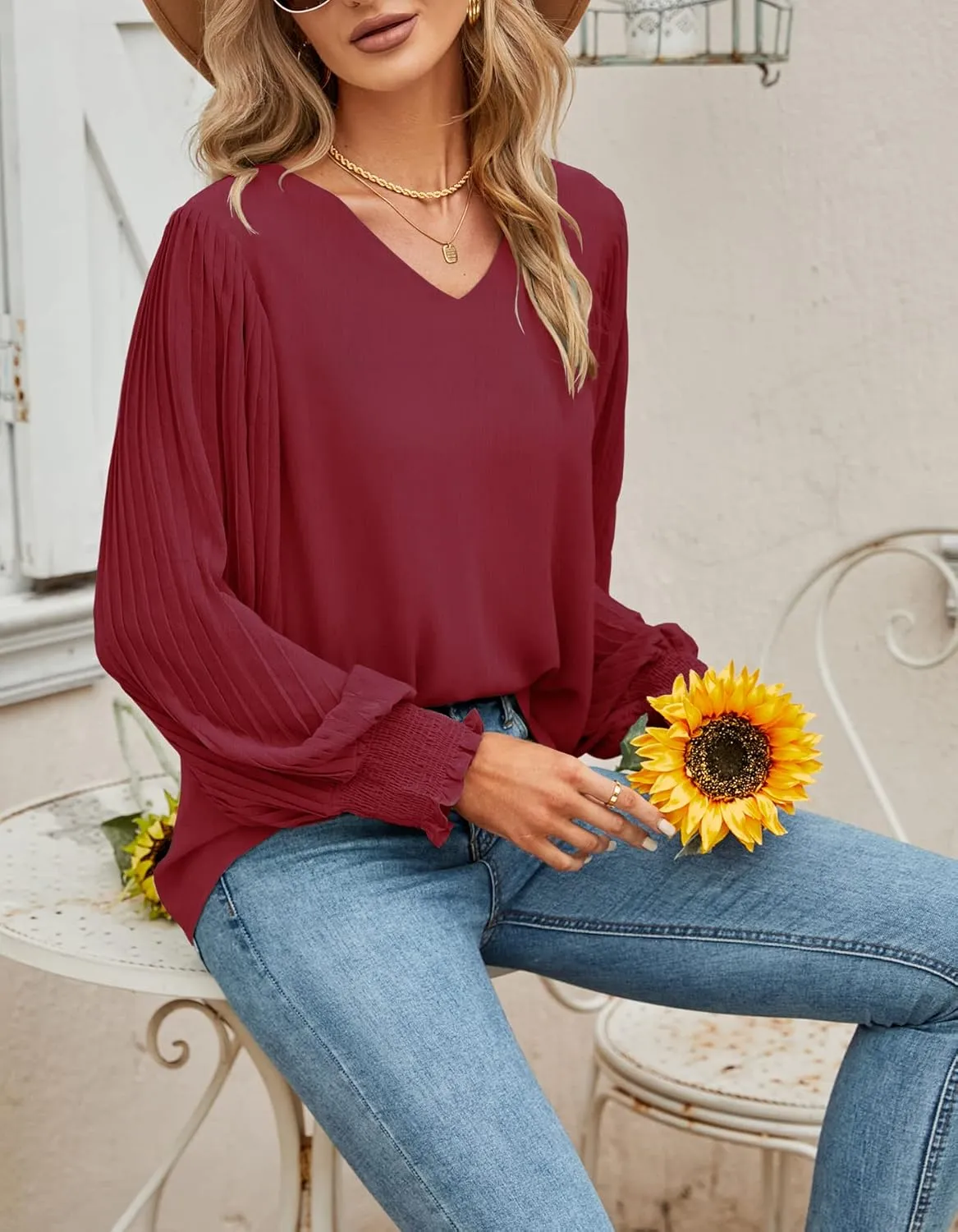 Aifer Womens V Neck Chiffon Blouses Pleated Lantern Sleeve Flowy Dressy Tops Elegant Business Casual Outfits