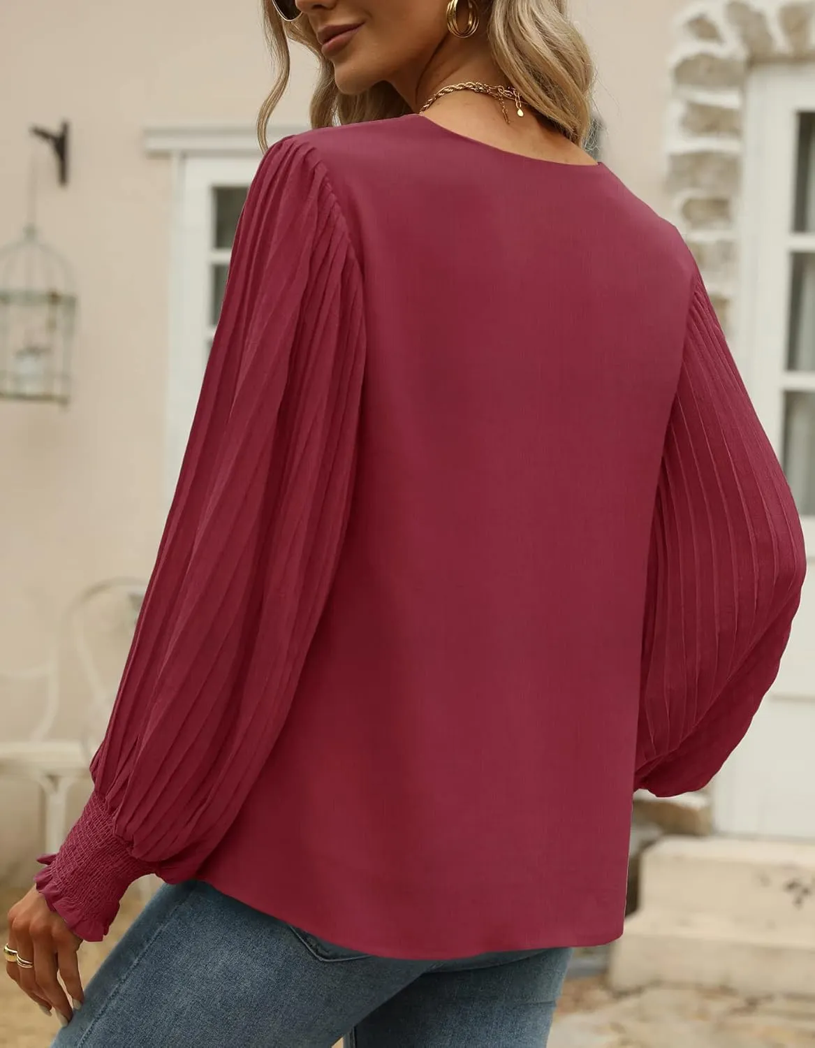 Aifer Womens V Neck Chiffon Blouses Pleated Lantern Sleeve Flowy Dressy Tops Elegant Business Casual Outfits