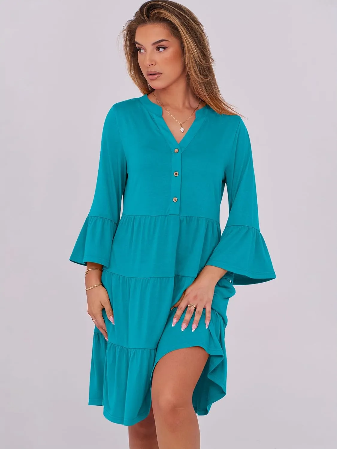 ANRABESS Women Summer Mini Dress V Neck Swing Tiered A Line Short Casual Beach Dresses with Pockets 2025 Vacation