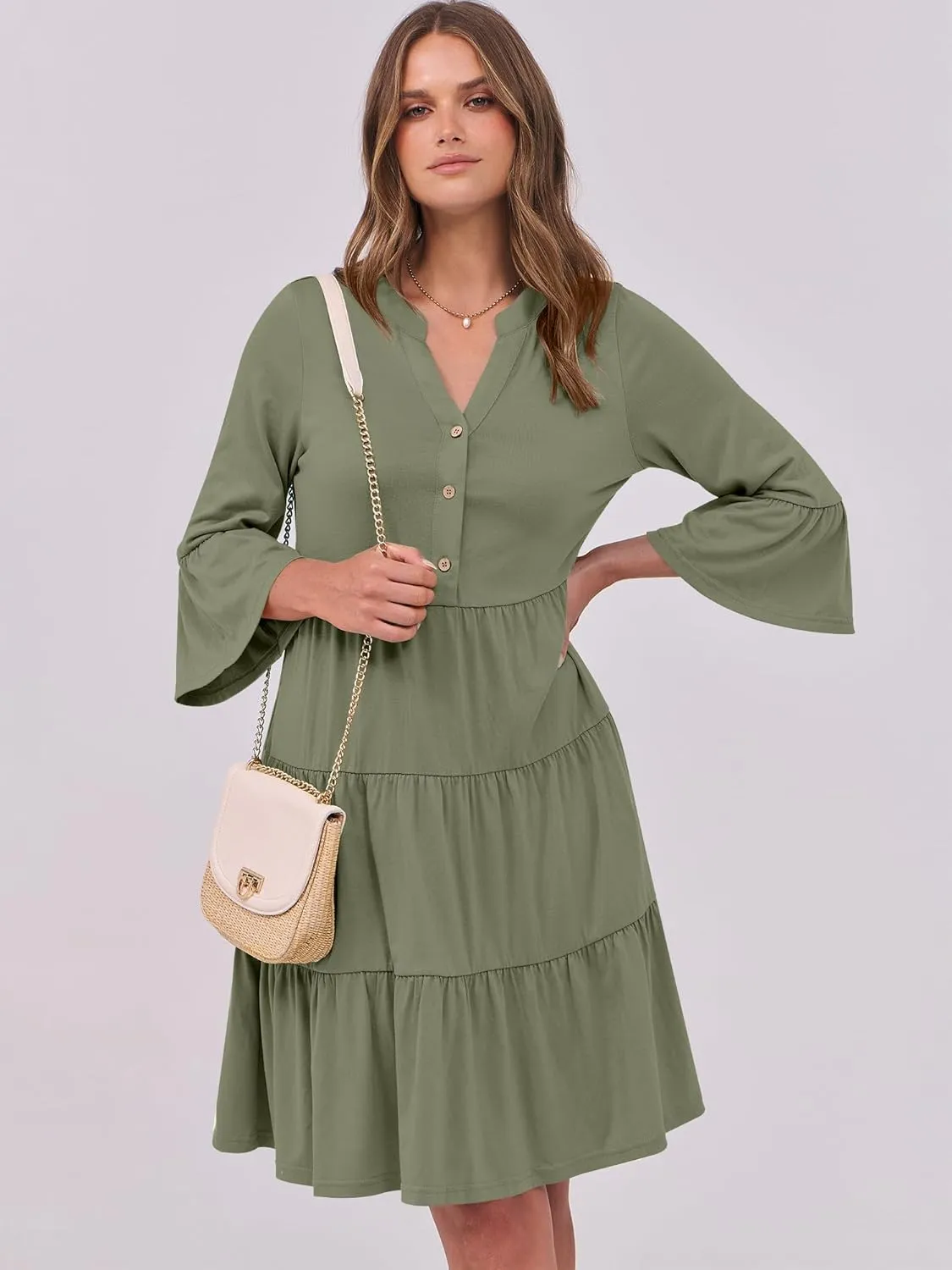 ANRABESS Women Summer Mini Dress V Neck Swing Tiered A Line Short Casual Beach Dresses with Pockets 2025 Vacation