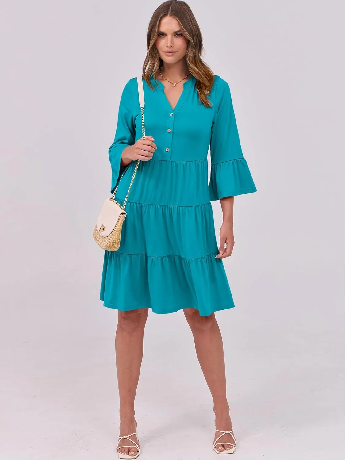ANRABESS Women Summer Mini Dress V Neck Swing Tiered A Line Short Casual Beach Dresses with Pockets 2025 Vacation