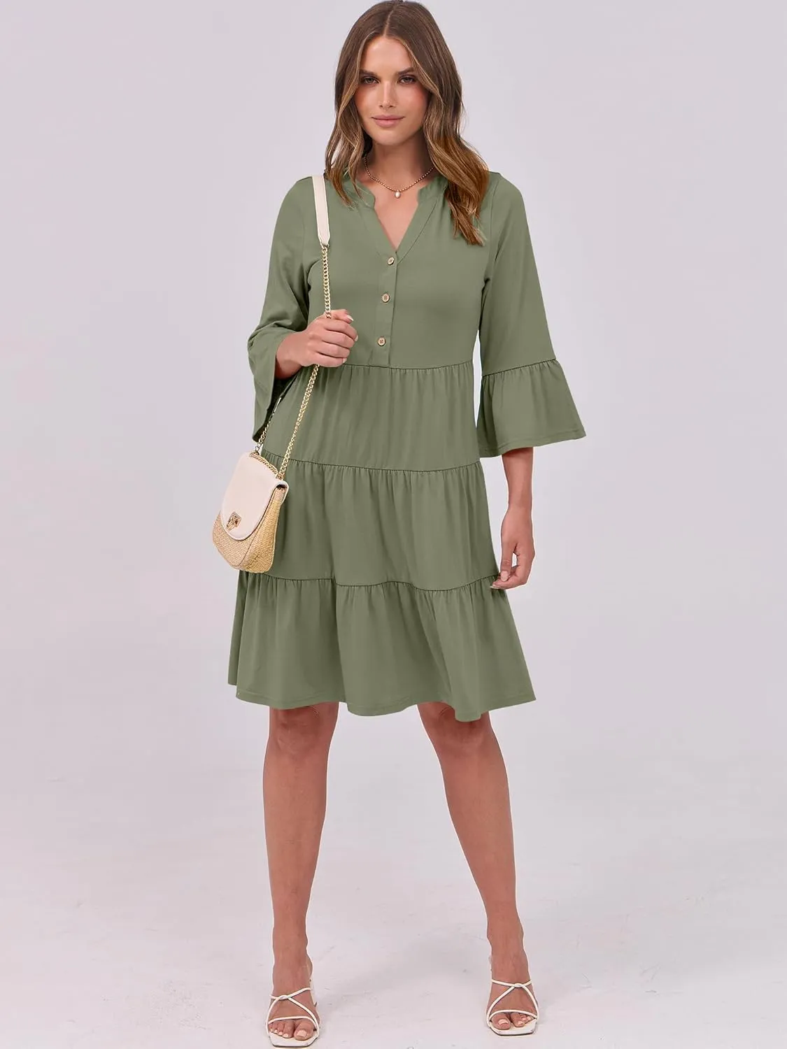 ANRABESS Women Summer Mini Dress V Neck Swing Tiered A Line Short Casual Beach Dresses with Pockets 2025 Vacation