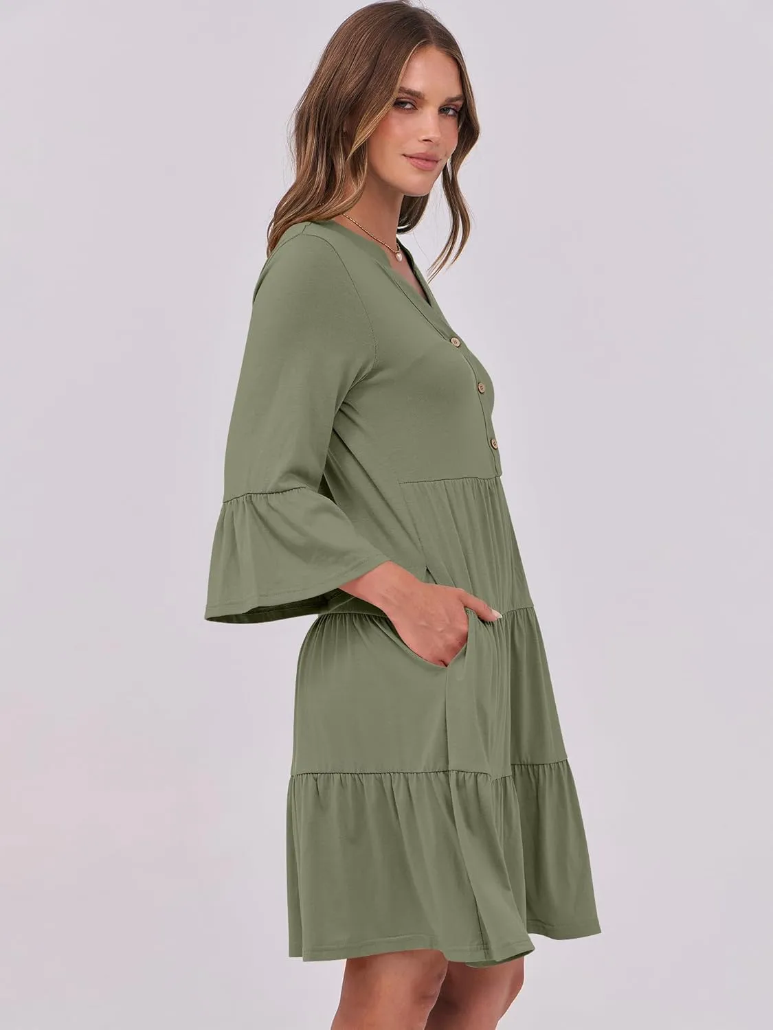 ANRABESS Women Summer Mini Dress V Neck Swing Tiered A Line Short Casual Beach Dresses with Pockets 2025 Vacation
