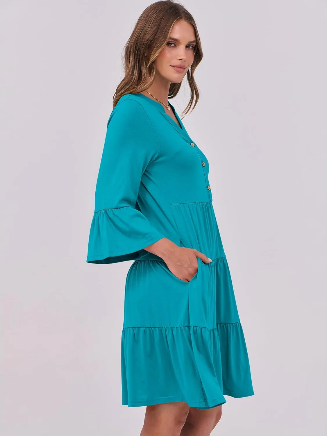 ANRABESS Women Summer Mini Dress V Neck Swing Tiered A Line Short Casual Beach Dresses with Pockets 2025 Vacation