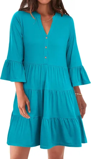 ANRABESS Women Summer Mini Dress V Neck Swing Tiered A Line Short Casual Beach Dresses with Pockets 2025 Vacation