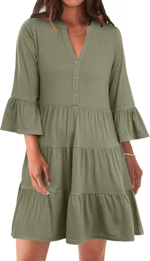ANRABESS Women Summer Mini Dress V Neck Swing Tiered A Line Short Casual Beach Dresses with Pockets 2025 Vacation