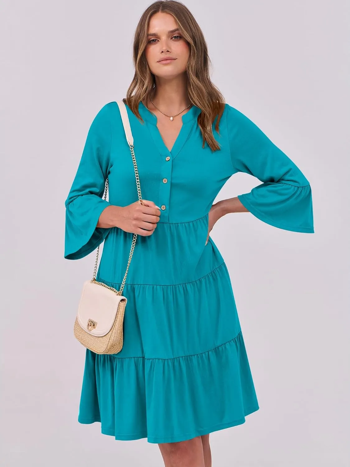 ANRABESS Women Summer Mini Dress V Neck Swing Tiered A Line Short Casual Beach Dresses with Pockets 2025 Vacation
