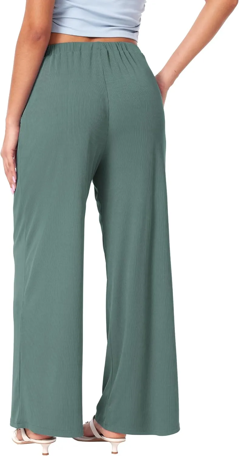 CIDER Wide Leg Palazzo Pants for Women with Pockets Elastic Business Causal Pants Women Summer for Beach Travel Trousers
