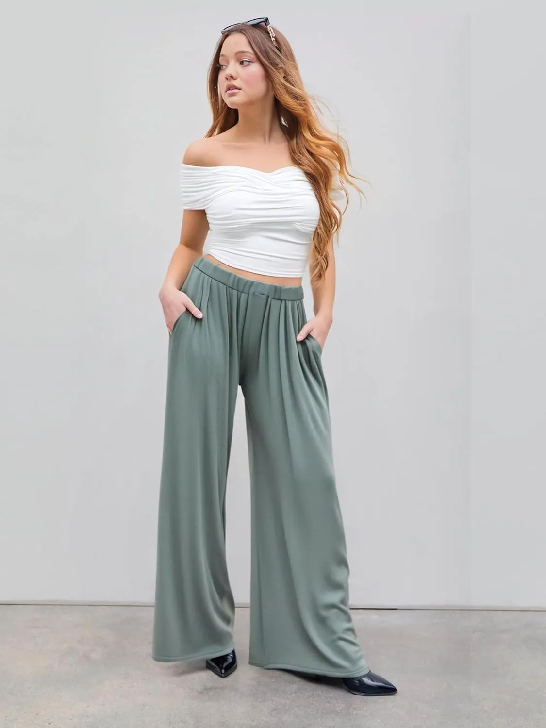CIDER Wide Leg Palazzo Pants for Women with Pockets Elastic Business Causal Pants Women Summer for Beach Travel Trousers