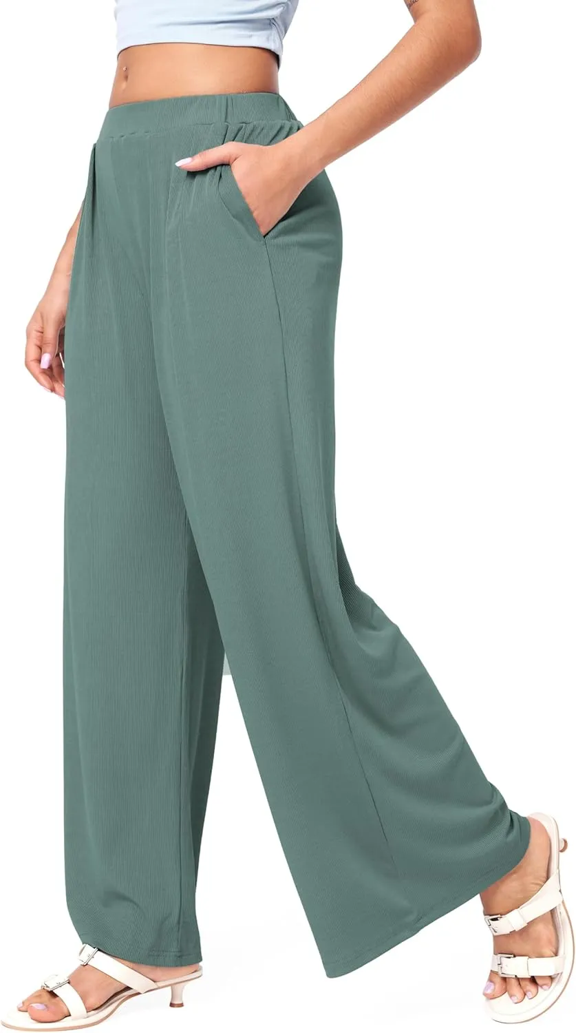 CIDER Wide Leg Palazzo Pants for Women with Pockets Elastic Business Causal Pants Women Summer for Beach Travel Trousers