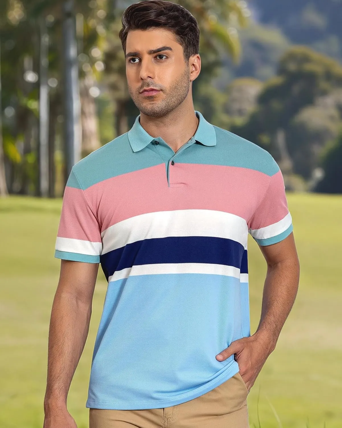 Cotton Short Sleeve Striped Polo Shirts for Men Pique Golf Shirts