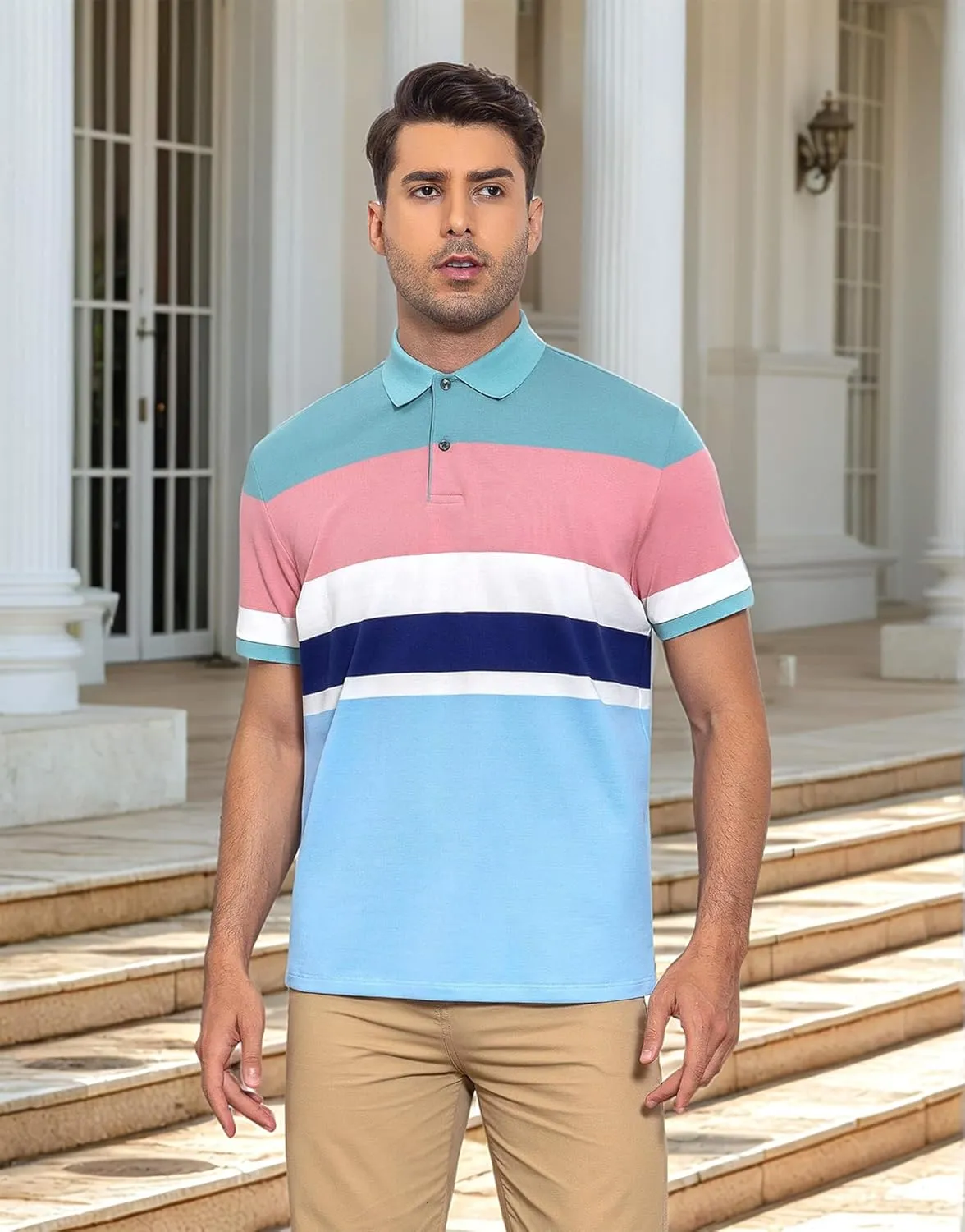 Cotton Short Sleeve Striped Polo Shirts for Men Pique Golf Shirts