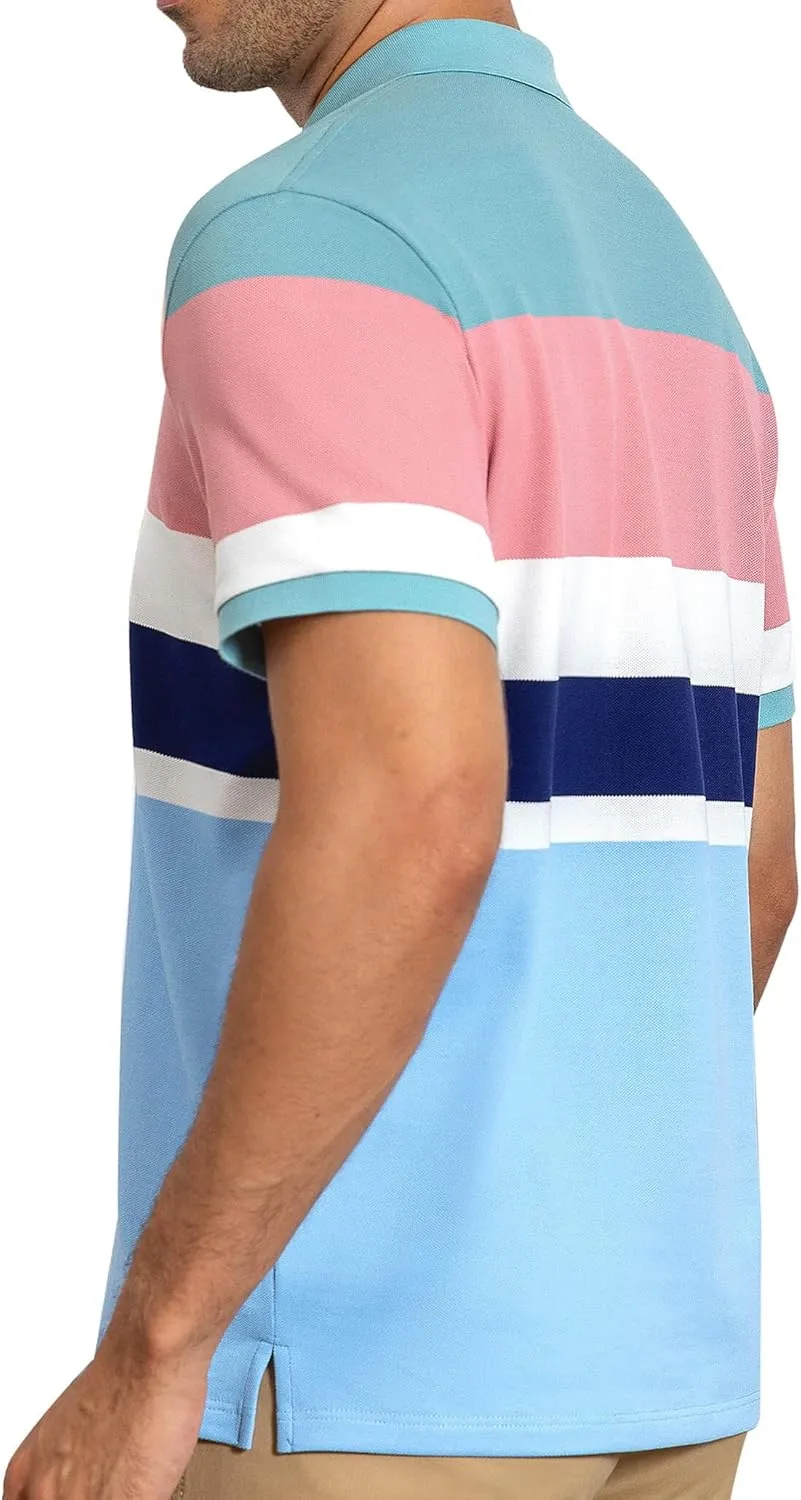 Cotton Short Sleeve Striped Polo Shirts for Men Pique Golf Shirts