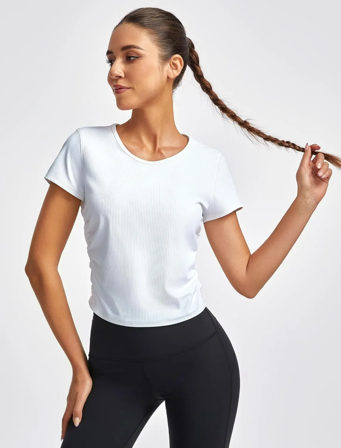Crop Tops for Women Crew Neck Ribbed Knit Side Ruched Basic T-Shirts Slim Fitted Tee