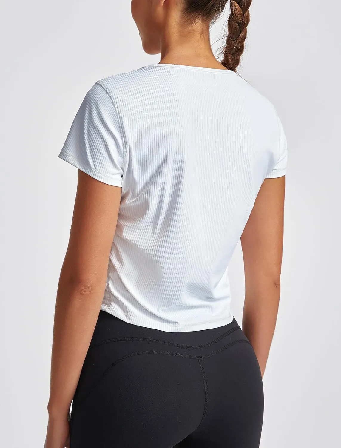 Crop Tops for Women Crew Neck Ribbed Knit Side Ruched Basic T-Shirts Slim Fitted Tee