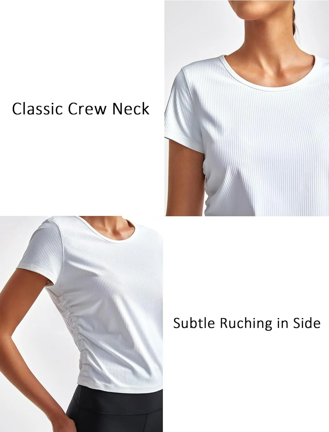Crop Tops for Women Crew Neck Ribbed Knit Side Ruched Basic T-Shirts Slim Fitted Tee