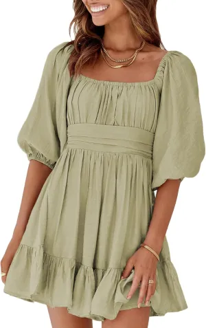 Dokotoo Womens Summer Dresses Square Neck Tie Back Lantern Sleeve Ruffle A-Line Casual Dress