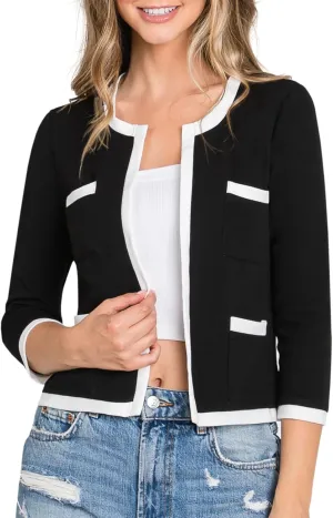 DOUBLJU Casual Open Front Crop Blazers 3/4 Sleeve Round Neck Formal Cropped Jackets for Womens with Plus Size Business Work