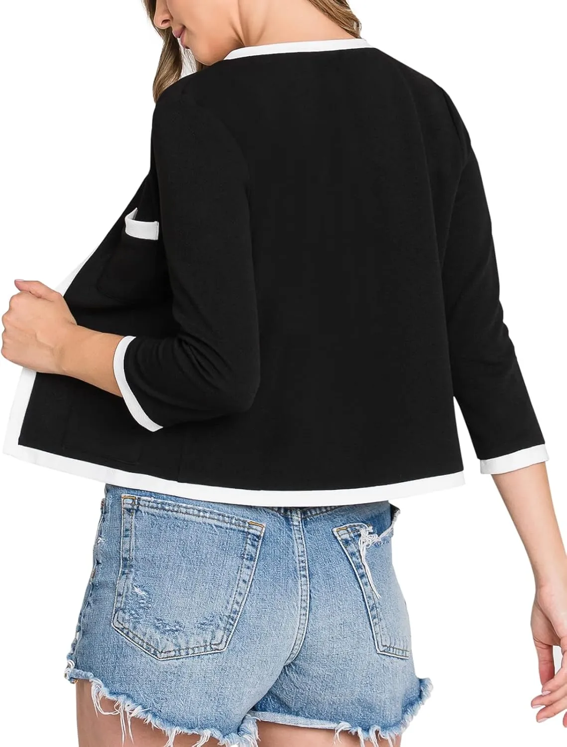 DOUBLJU Casual Open Front Crop Blazers 3/4 Sleeve Round Neck Formal Cropped Jackets for Womens with Plus Size Business Work