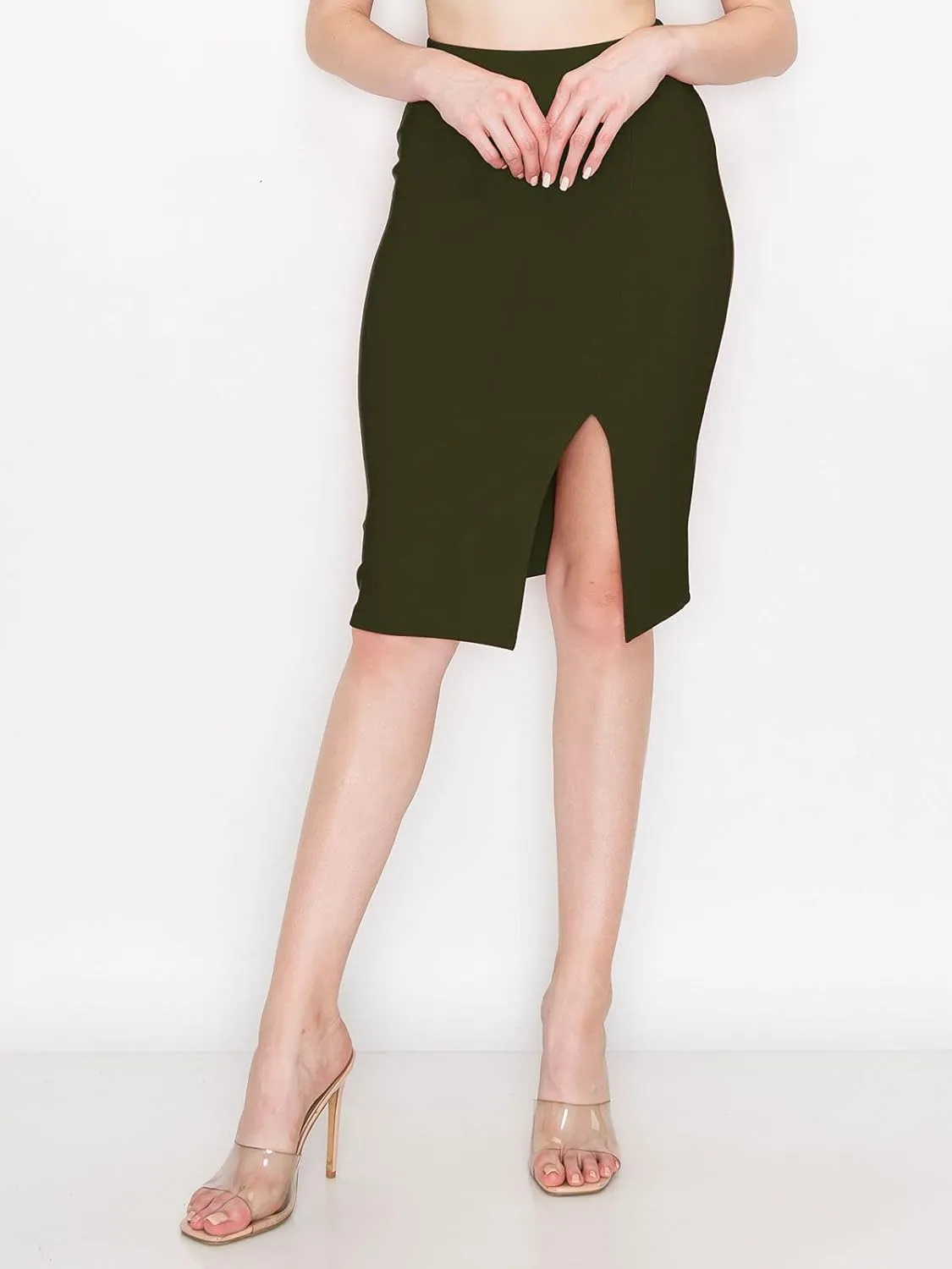 FashionMille Women Slim Fit Comfy Stretchy Bodycon High Waist Pencil Skirt with Slit