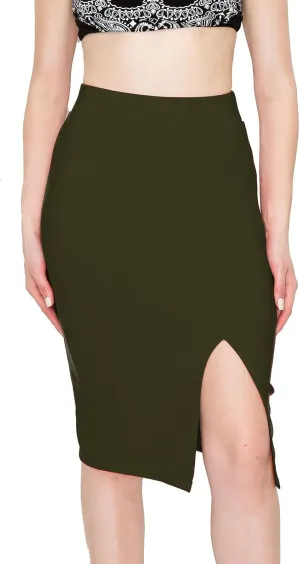 FashionMille Women Slim Fit Comfy Stretchy Bodycon High Waist Pencil Skirt with Slit