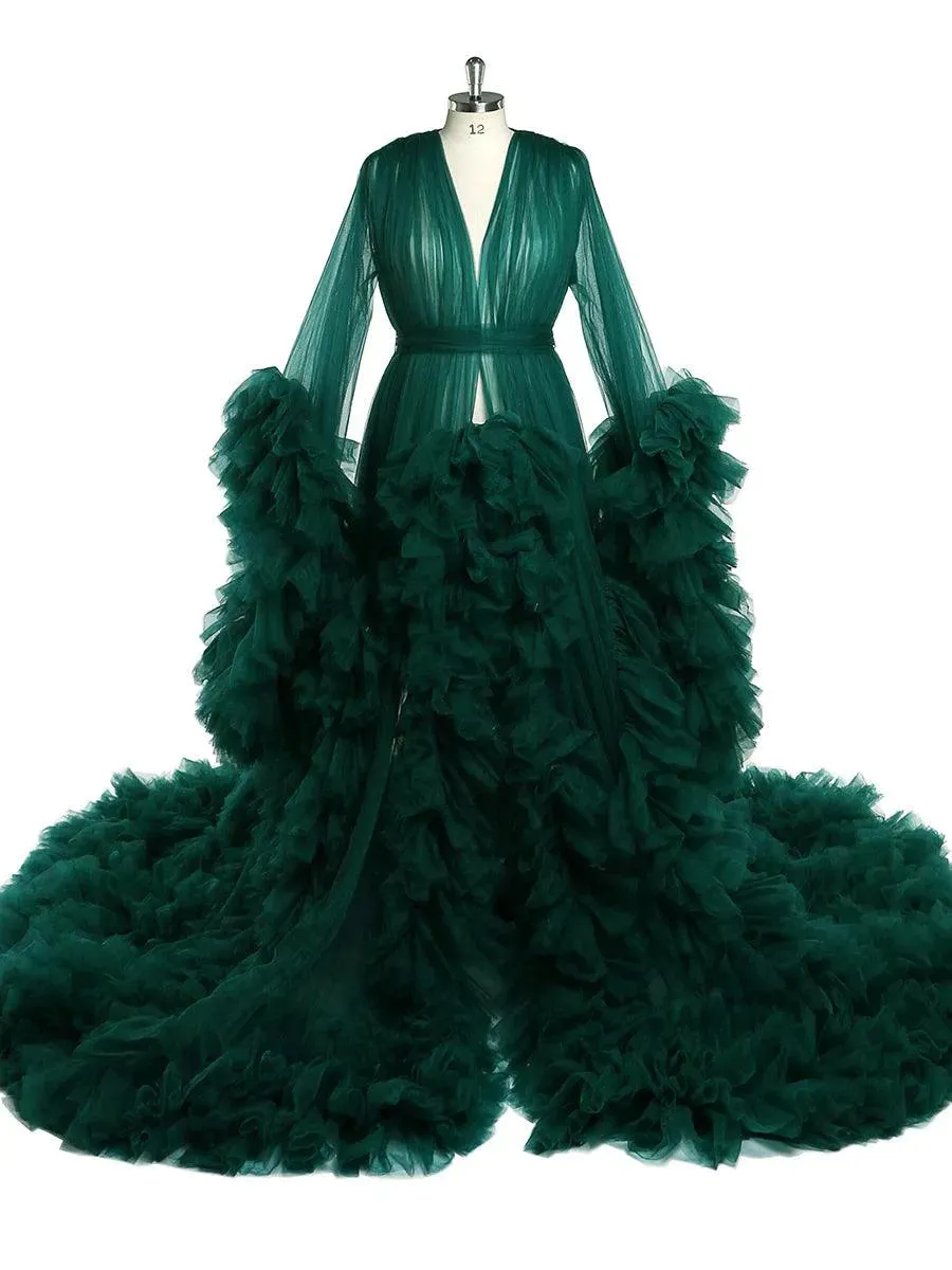 Front Open Ruffles Evening Luxury Robe