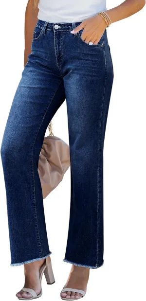 GRAPENT Straight Leg Jeans for Women High Waisted Stretchy Frayed Raw Hem Loose Denim Pants Casual Baggy Jean Trousers
