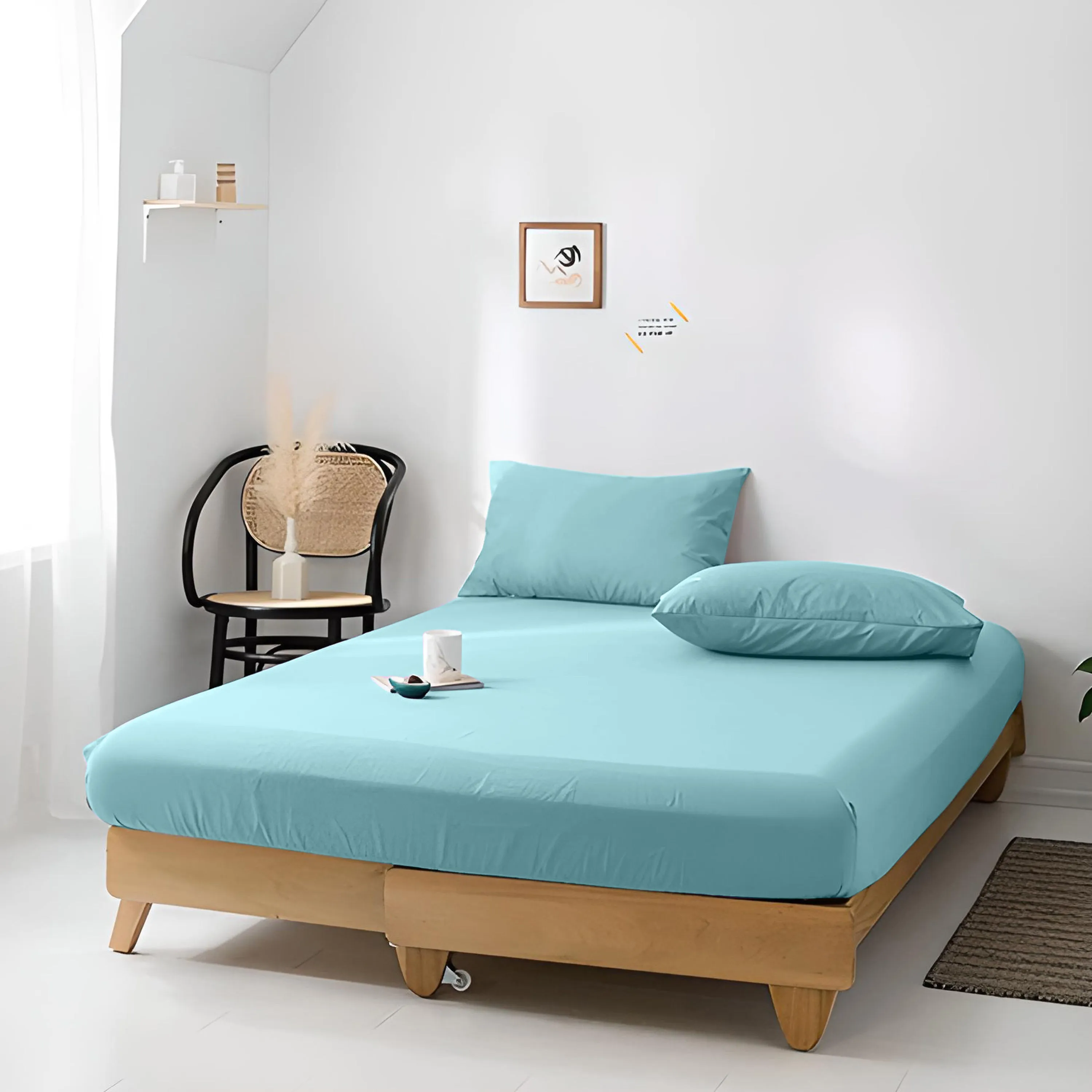 High Quality Blue Cotton Jersey Single 3 Piece Fitted Sheet Set 90x190 25cm with Deep Pockets and 2 Pillow Case