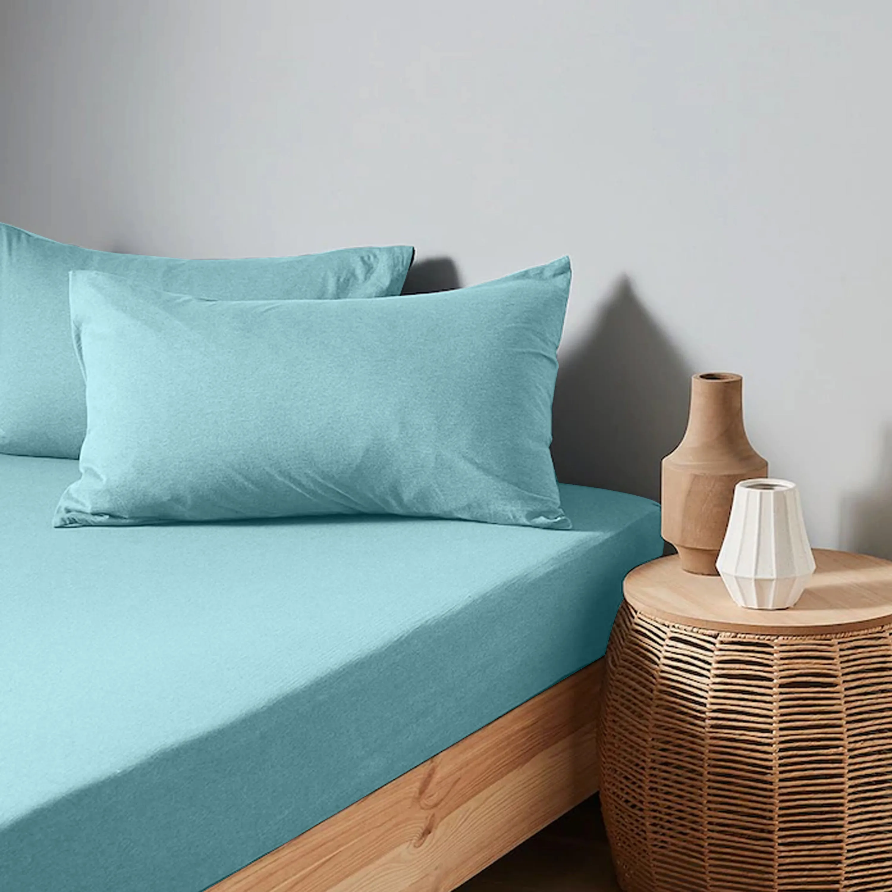 High Quality Blue Cotton Jersey Single 3 Piece Fitted Sheet Set 90x190 25cm with Deep Pockets and 2 Pillow Case