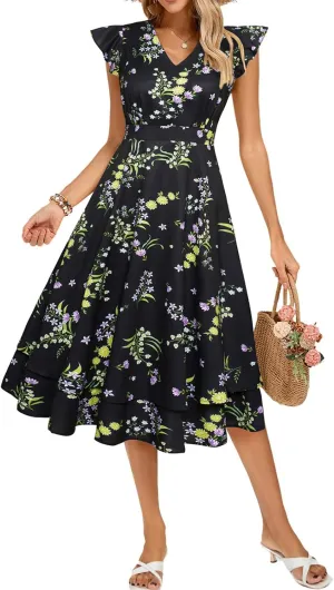 Kate Kasin Womens Dresses Summer Short Sleeve Ruffle Floral V Neck Flowy Aline Casual Tiered Wedding Guest Midi Sundress