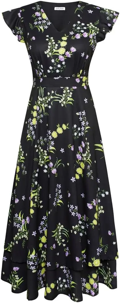 Kate Kasin Womens Dresses Summer Short Sleeve Ruffle Floral V Neck Flowy Aline Casual Tiered Wedding Guest Midi Sundress