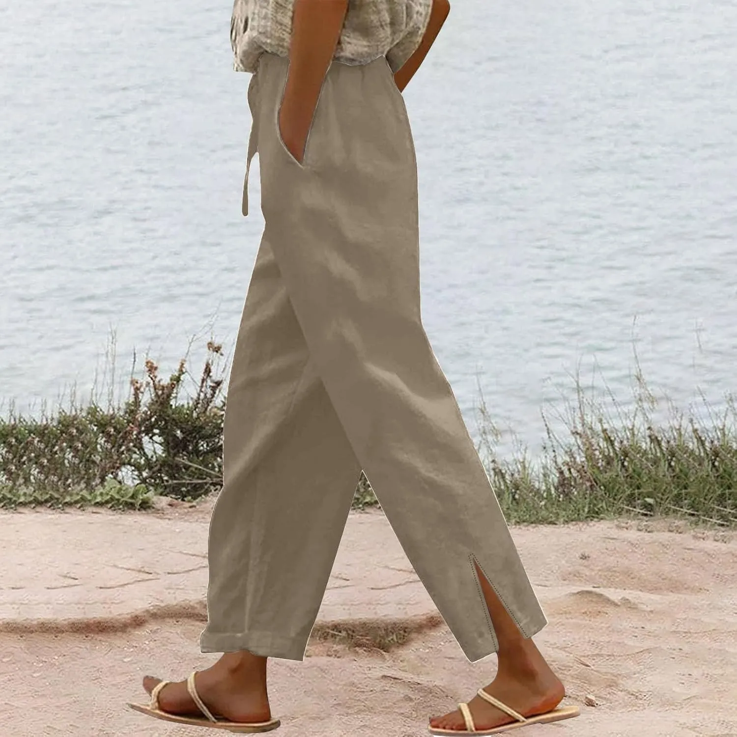 Linen Pants Women High Waisted Elastic Drawstring Beach Pants Casual Loose Lightweight Wide Leg Trousers with Pockets