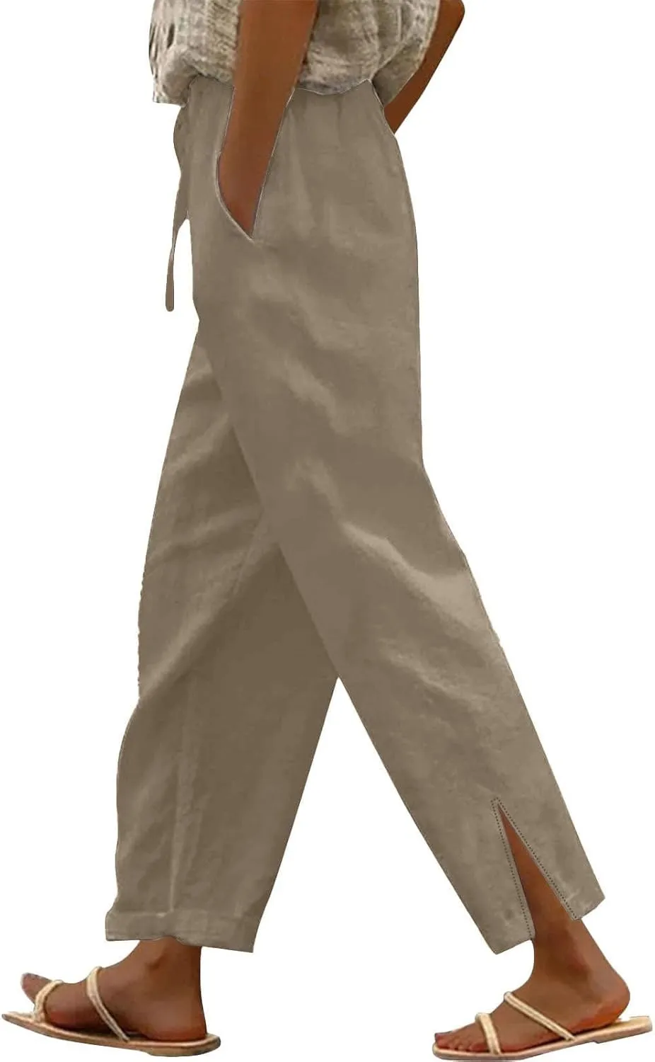 Linen Pants Women High Waisted Elastic Drawstring Beach Pants Casual Loose Lightweight Wide Leg Trousers with Pockets