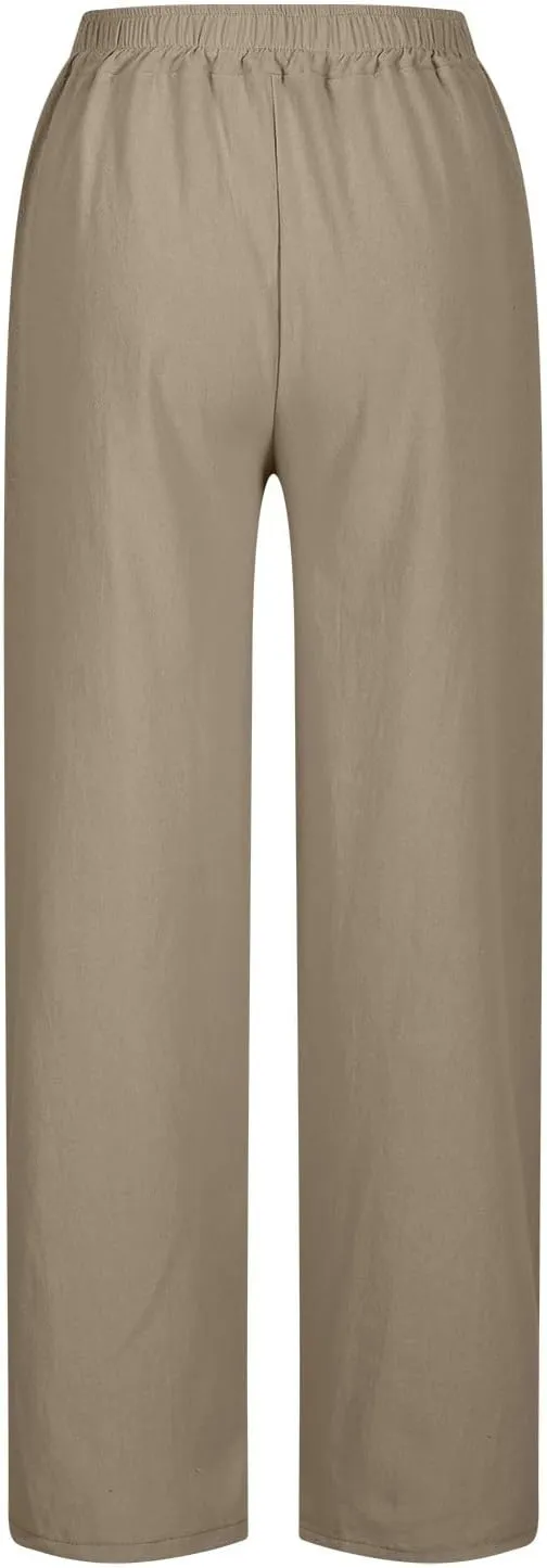 Linen Pants Women High Waisted Elastic Drawstring Beach Pants Casual Loose Lightweight Wide Leg Trousers with Pockets