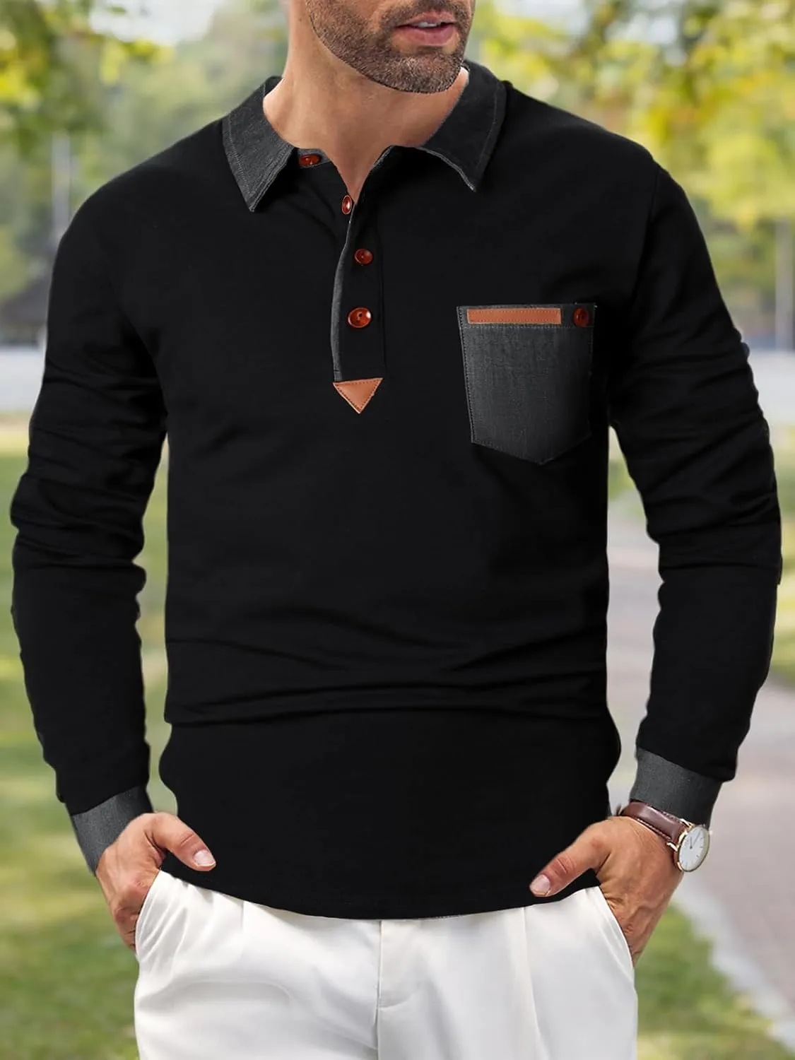 Long Sleeve Polo Shirts for Men Stylish Patchwork Contrasting Color Golf Polos Cotton Polo Shirt Tops with Pocket