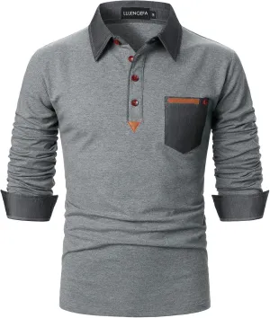 Long Sleeve Polo Shirts for Men Stylish Patchwork Contrasting Color Golf Polos Cotton Polo Shirt Tops with Pocket