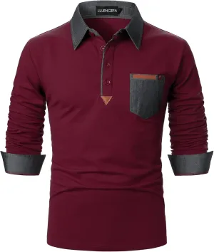Long Sleeve Polo Shirts for Men Stylish Patchwork Contrasting Color Golf Polos Cotton Polo Shirt Tops with Pocket