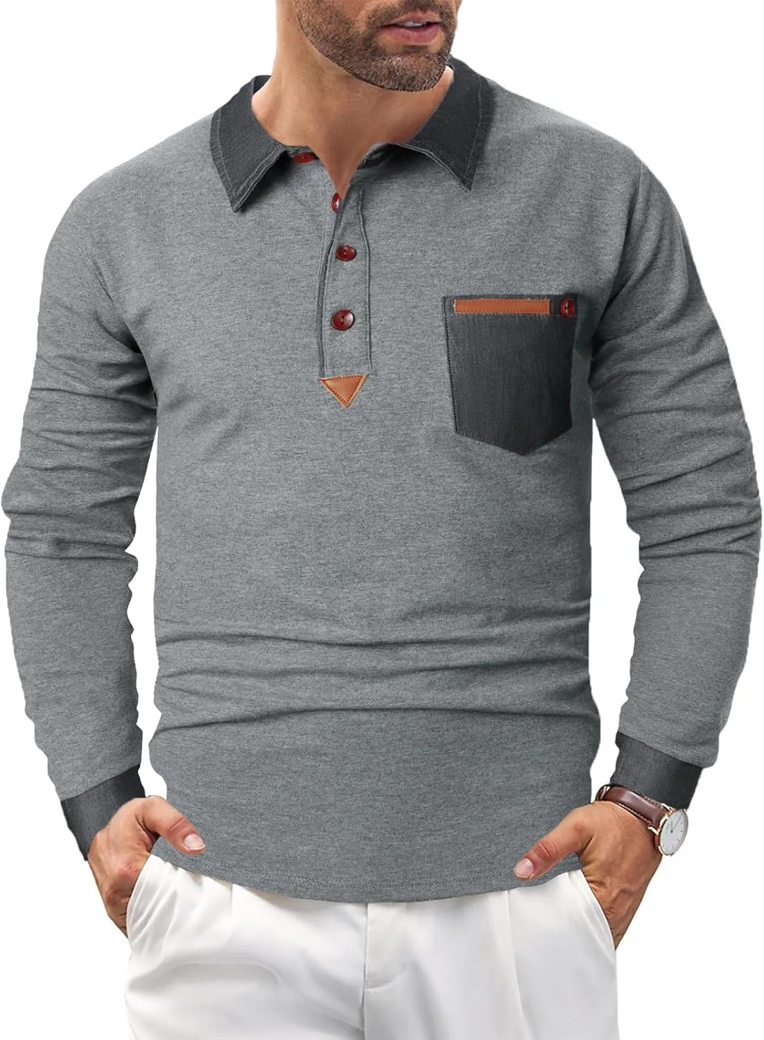 Long Sleeve Polo Shirts for Men Stylish Patchwork Contrasting Color Golf Polos Cotton Polo Shirt Tops with Pocket