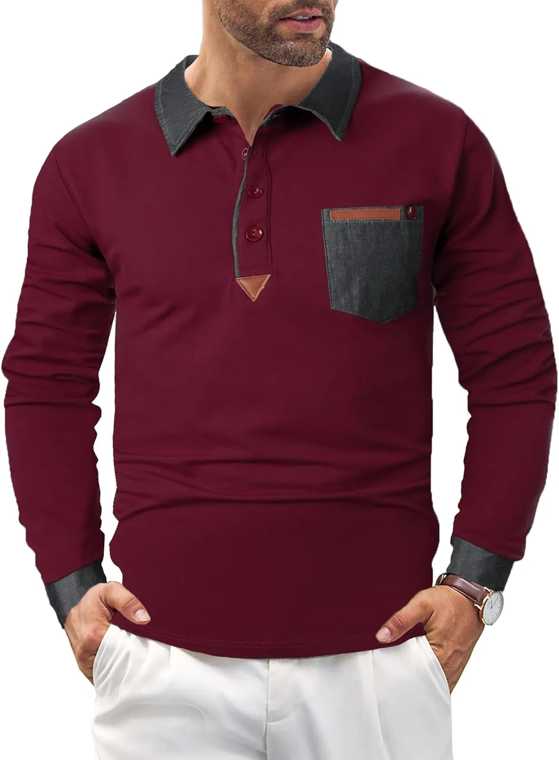Long Sleeve Polo Shirts for Men Stylish Patchwork Contrasting Color Golf Polos Cotton Polo Shirt Tops with Pocket